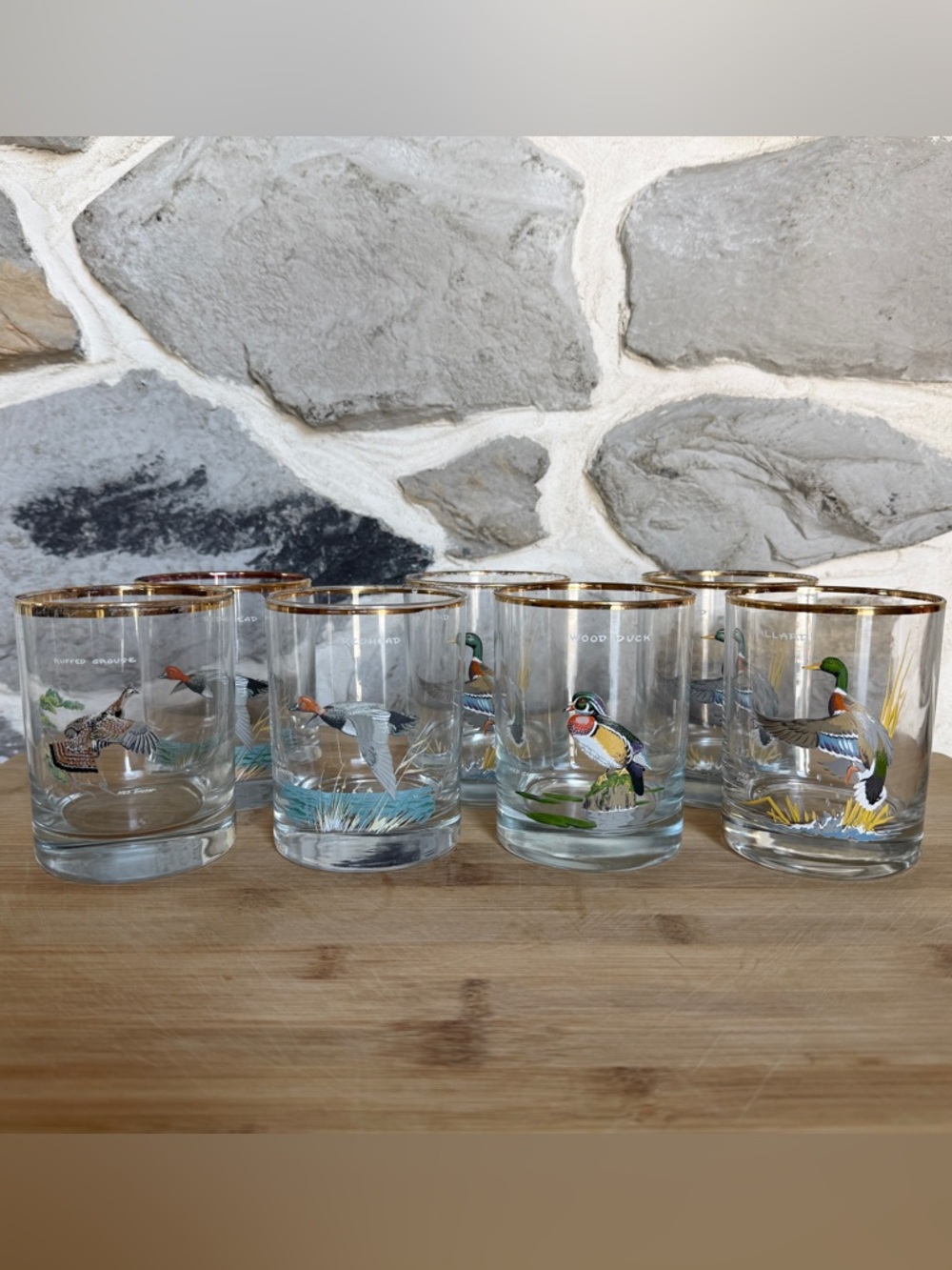 Vtg Ned Smith 14oz whiskey glasses-set of 7:grouse,wood duck,mallards,redheads